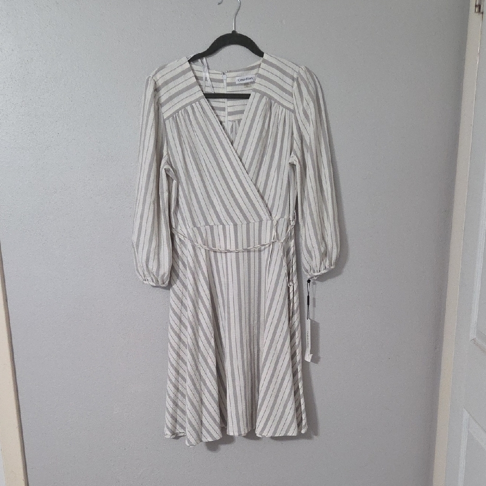 Calvin Klein Beige Striped Long Sleeve Dress